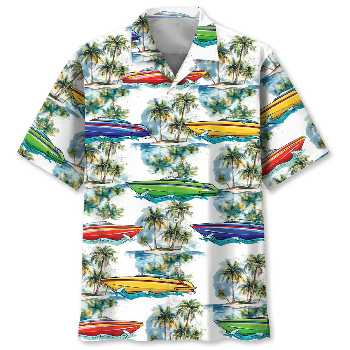 Colorful Power Boat Racing Hawaiian Shirt For Coastal Adventure, Beachside Event, And Travel Ready Style