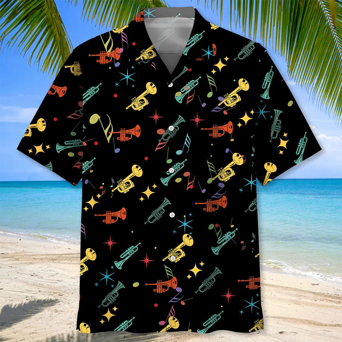 Colorful Star Trumpet Hawaiian Shirt For Resort Trips, Coastal Parties, And Warm Weather Style