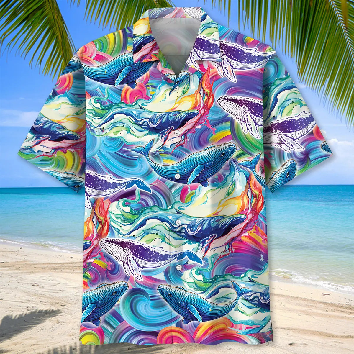 Colorful Whale Hawaiian Shirt For Animal Lovers, Beach Travel, And Casual Summer Style