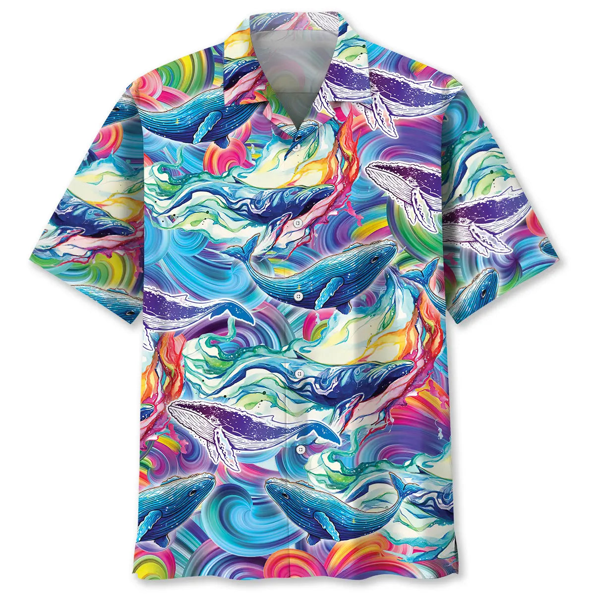 Colorful Whale Hawaiian Shirt For Animal Lovers, Beach Travel, And Casual Summer Style