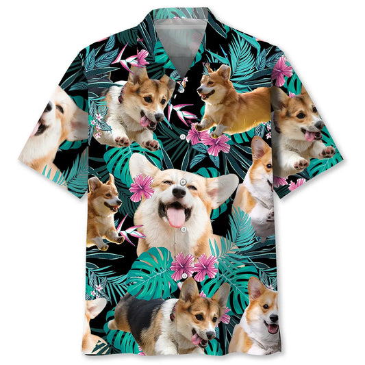 Floral Tropical Corgi Hawaiian Shirt For Summer Vacation, Beach Travel, And Casual Wear