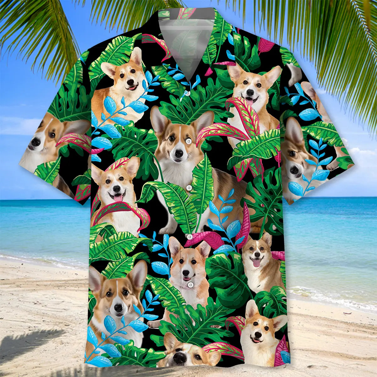 Tropical Corgi Hawaiian Shirt For Summer Vacation, Beach Travel, And Casual Wear