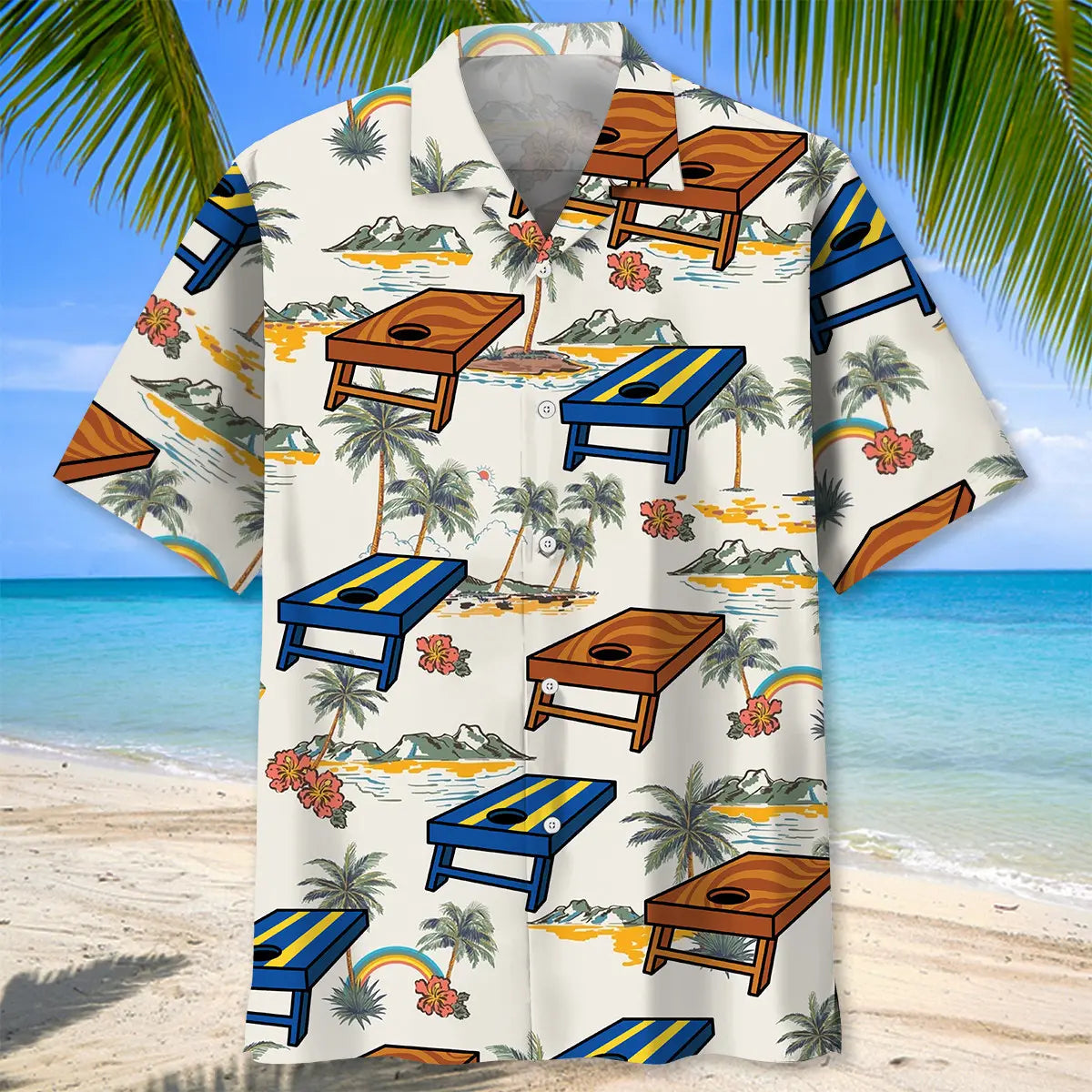 Tropical Cornhole Palm Tree Hawaiian Shirt For Summer Vacation, Beach Travel, And Casual Wear
