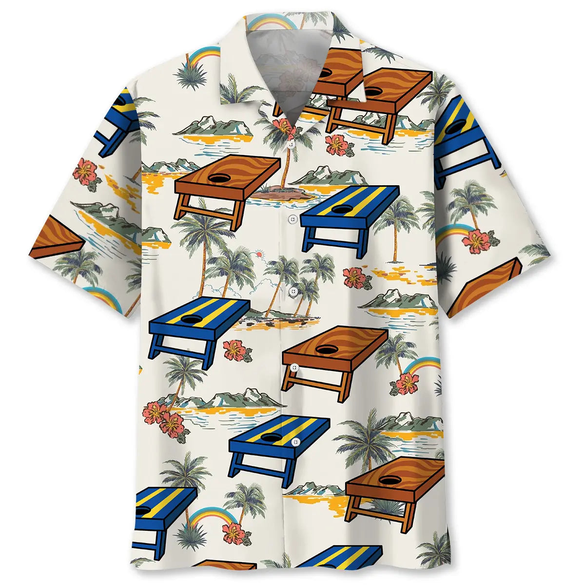 Tropical Cornhole Palm Tree Hawaiian Shirt For Summer Vacation, Beach Travel, And Casual Wear