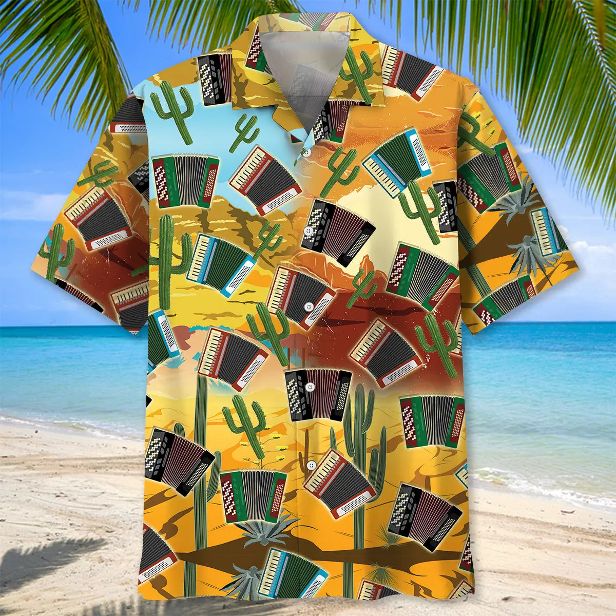 Country Cactus Accordion Hawaiian Shirt For Coastal Travel, Casual Events, And Comfortable Summer Wear