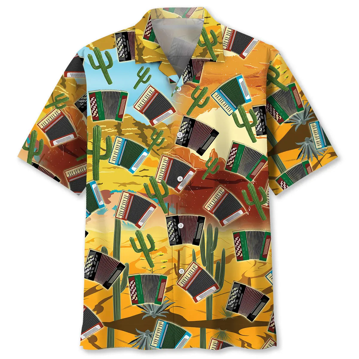 Country Cactus Accordion Hawaiian Shirt For Coastal Travel, Casual Events, And Comfortable Summer Wear