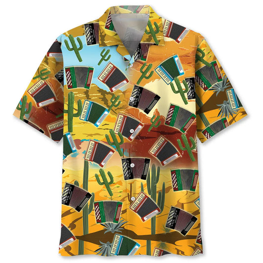 Country Cactus Accordion Hawaiian Shirt For Coastal Travel, Casual Events, And Comfortable Summer Wear