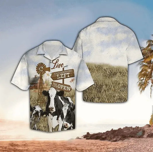 Tropical Island Summer Cow Farm Hawaii Aloha Hawaiian Shirt For Summer Vacation, Beach Travel, And Casual Wear