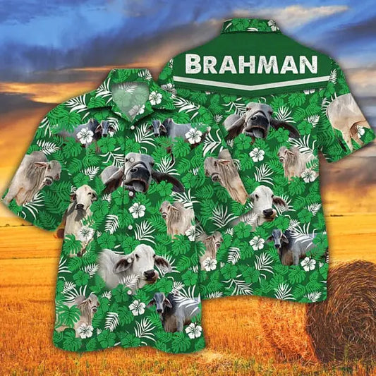 Floral Tropical Cow Shirts Brahman Cattle Green Hawaiian Shirt For Animal Lovers, Beach Travel, And Casual Summer Style