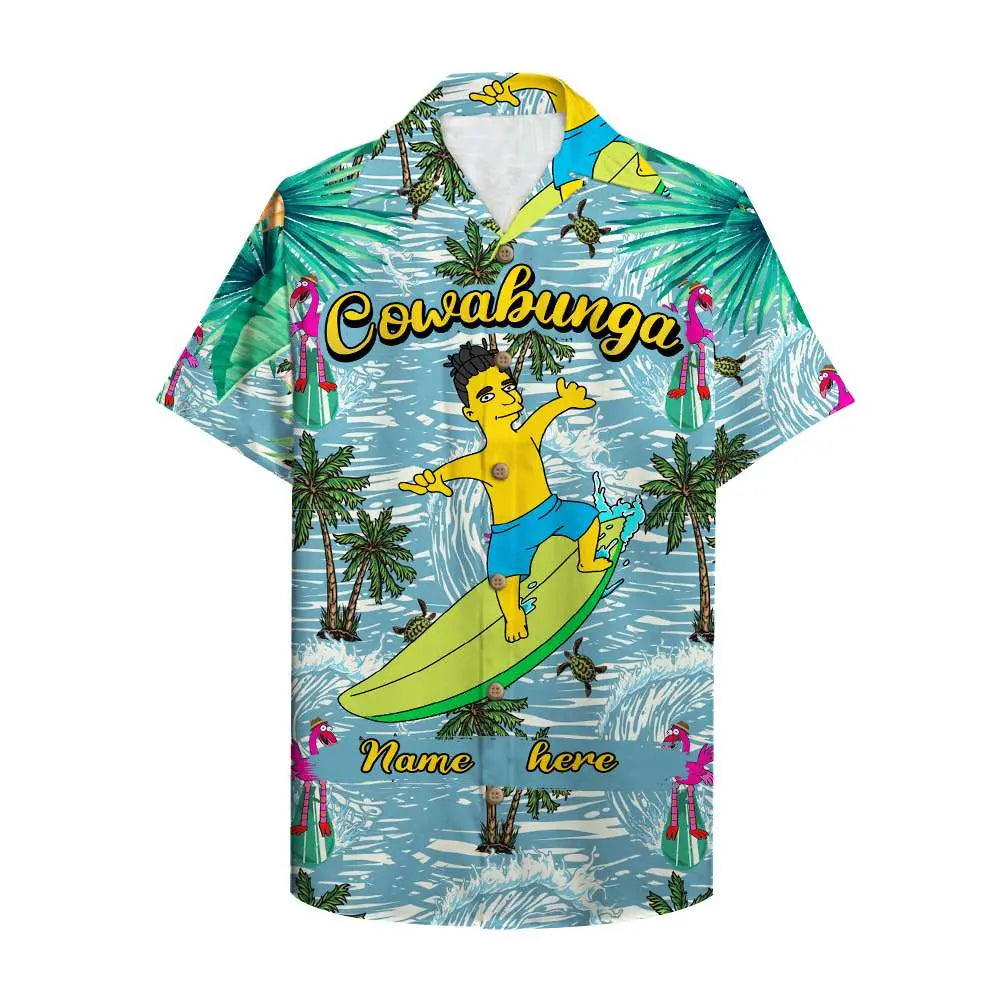 Island Cartoon Surfing Aloha Hawaiian Shirt For Island Vacations, Resort Wear, And Relaxed Seasonal Style