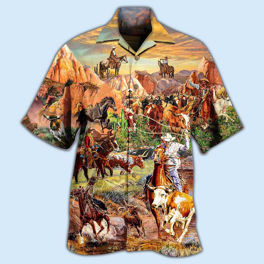 Cowboy Freedom Mountain Hawaiian Shirt Artwork View For Coastal Escapes And Resort Style