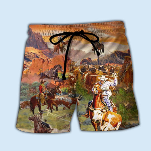 Mountain Cowboy Freedom Sunset Beach Shorts Artwork Detail For Tropical Travel And Everyday Wear