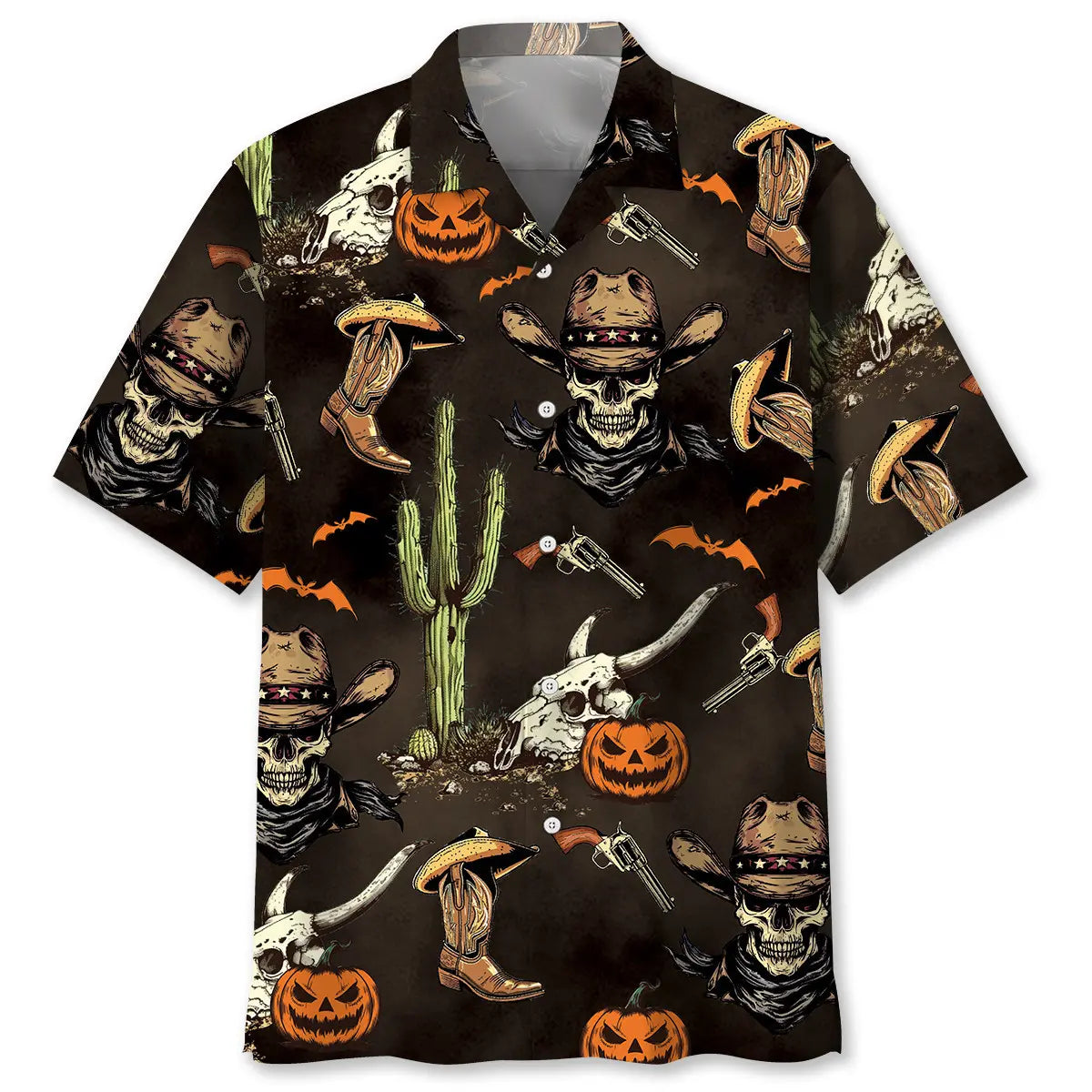 Halloween Cowboy Skull Hawaiian Shirt For Halloween Parties, Beach Trips, And Bold Seasonal Style