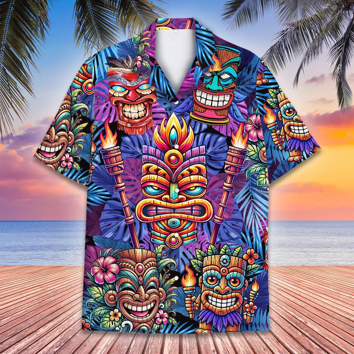 Tropical Island Tiki Aloha Hawaiian Shirt For Island Vacations, Resort Wear, And Relaxed Seasonal Style