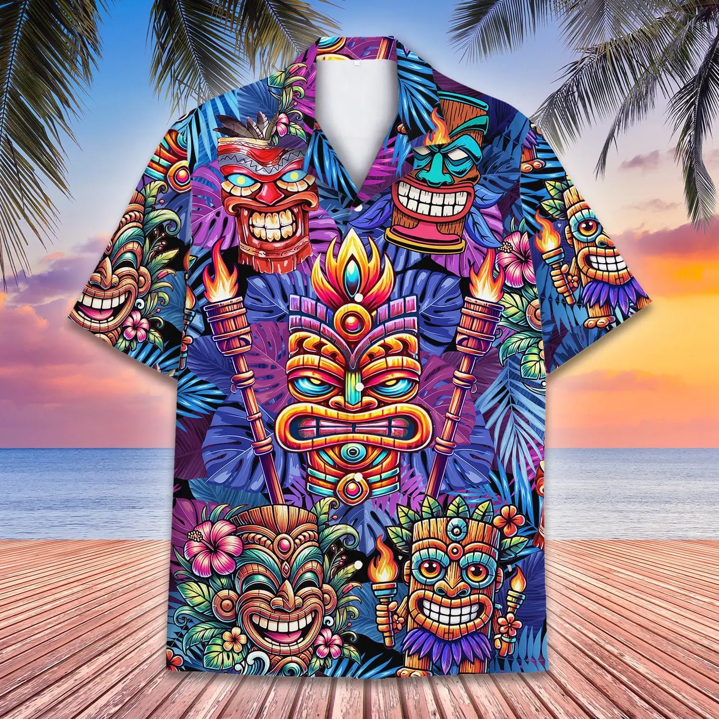 Tropical Island Tiki Aloha Hawaiian Shirt For Island Vacations, Resort Wear, And Relaxed Seasonal Style