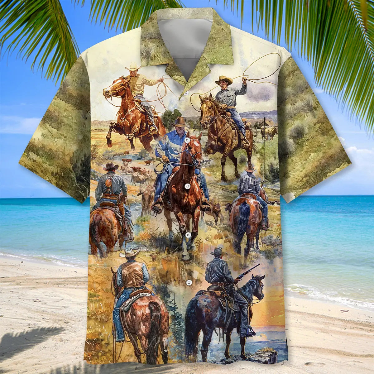 Cowboy Vintage Art Pocket Hawaiian Shirt For Beachside Event, Beach Travel, And Casual Outdoor Style