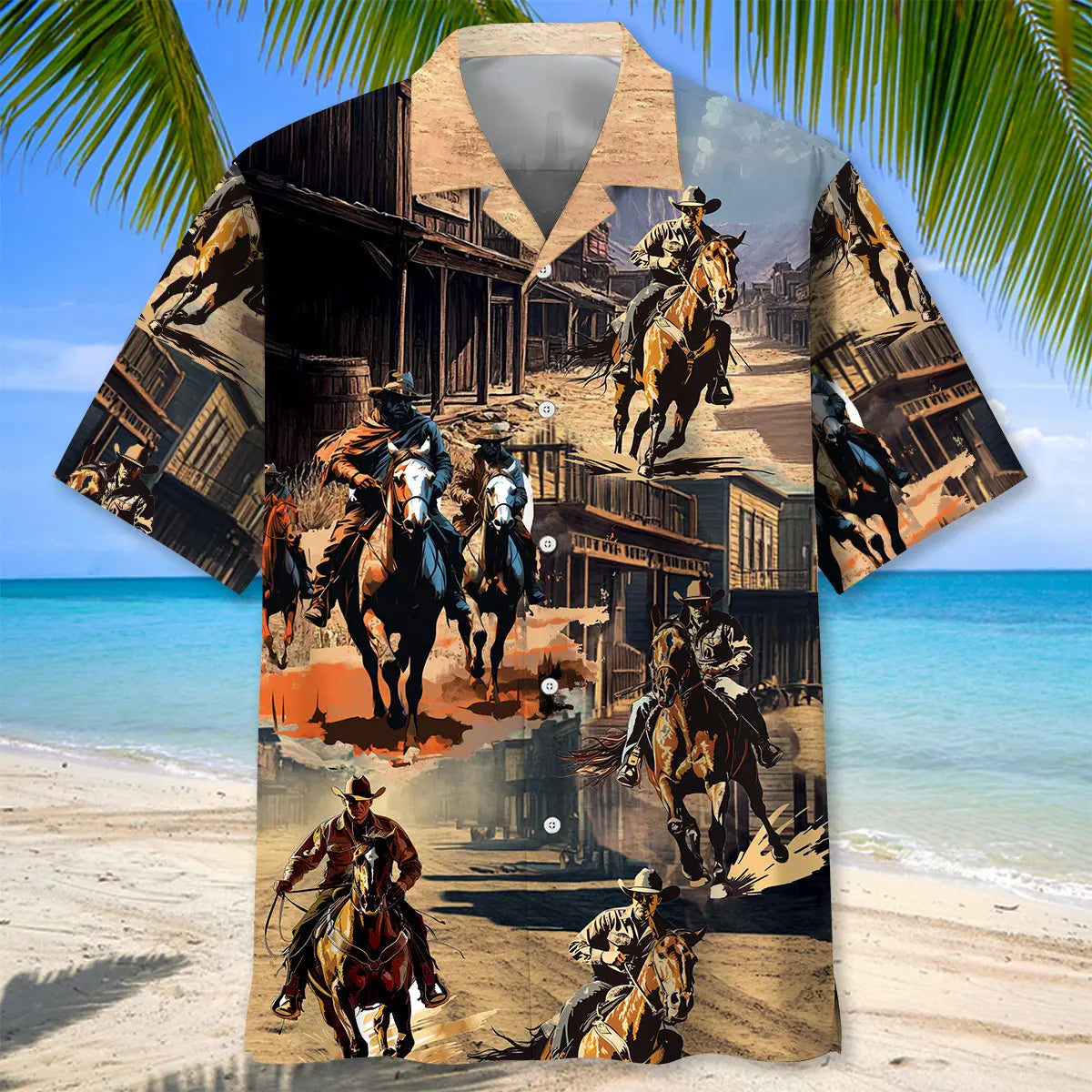 Western Cowboy Town Hawaiian Shirt For Tropical Holidays, Outdoor Gatherings, And Everyday Comfort