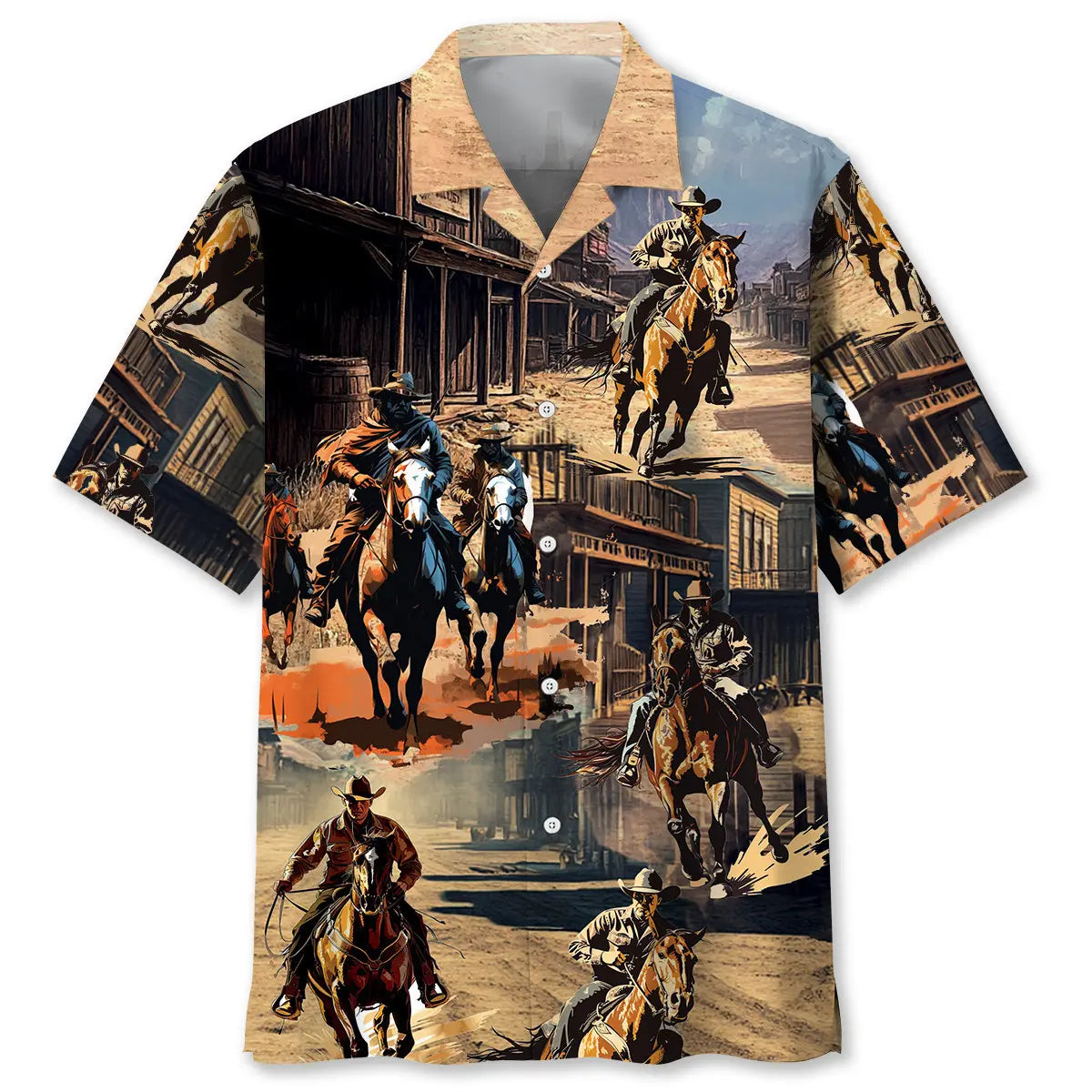 Western Cowboy Town Hawaiian Shirt For Tropical Holidays, Outdoor Gatherings, And Everyday Comfort