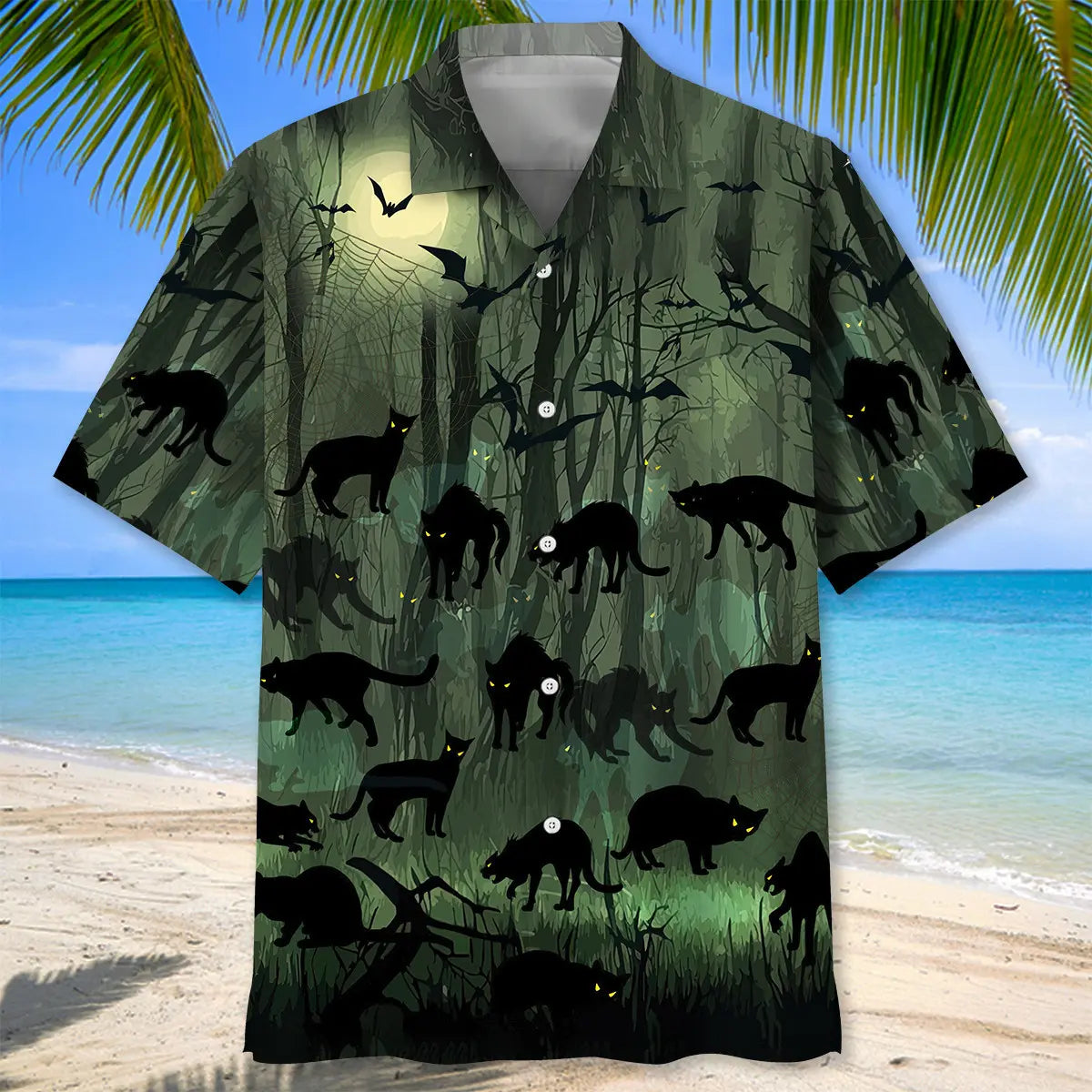 Halloween Creepy Black Cat Hawaiian Shirt For Island Vacations, Resort Wear, And Relaxed Seasonal Style