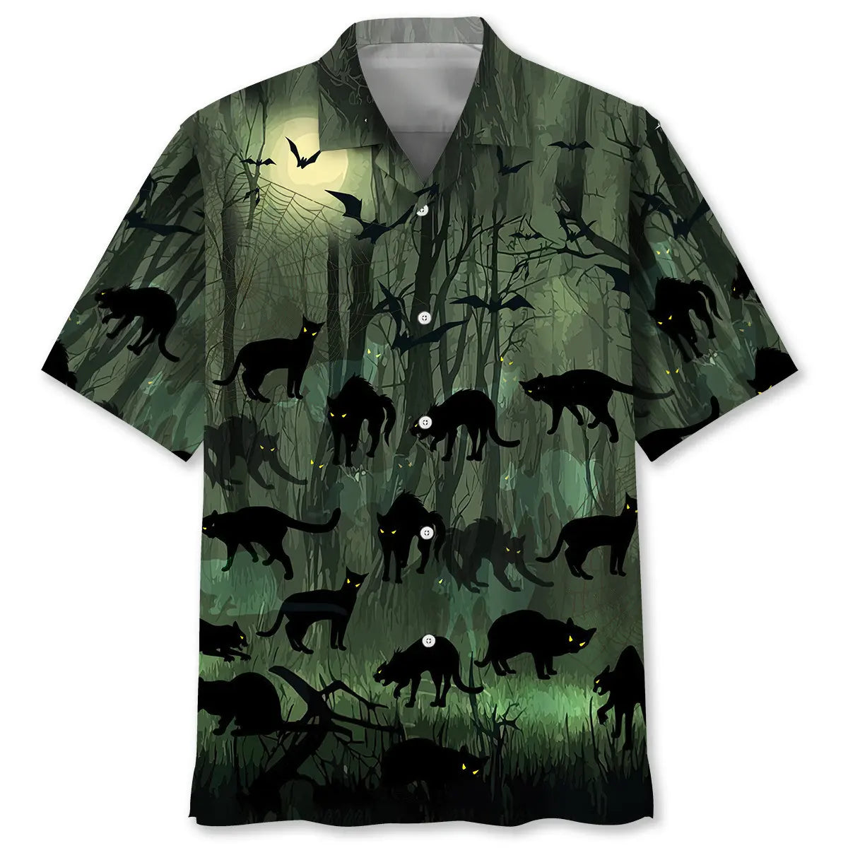 Halloween Creepy Black Cat Hawaiian Shirt For Island Vacations, Resort Wear, And Relaxed Seasonal Style
