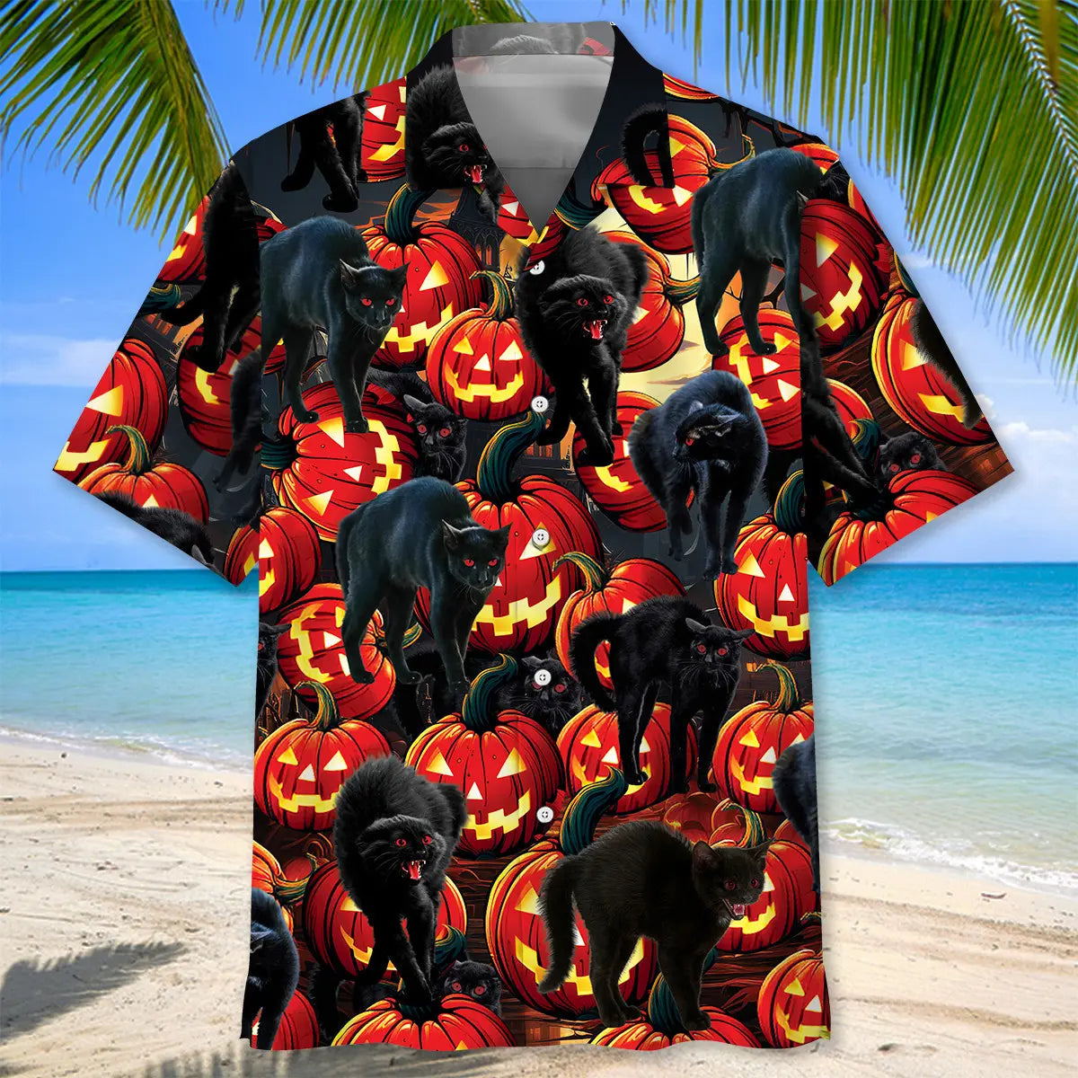 Creepy Black Cat Pumpkins Hawaiian Shirt For Coastal Travel, Casual Events, And Comfortable Summer Wear