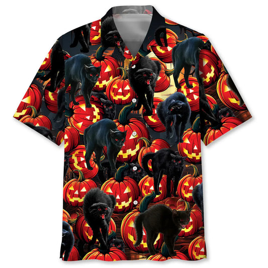 Creepy Black Cat Pumpkins Hawaiian Shirt For Coastal Travel, Casual Events, And Comfortable Summer Wear