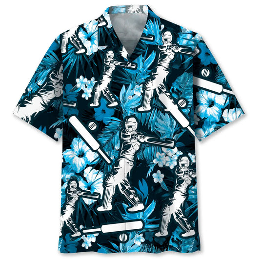 Cricket Hibiscus Blue Hawaiian Shirt For Sports Fans, Summer Outings, And Relaxed Vacation Wear