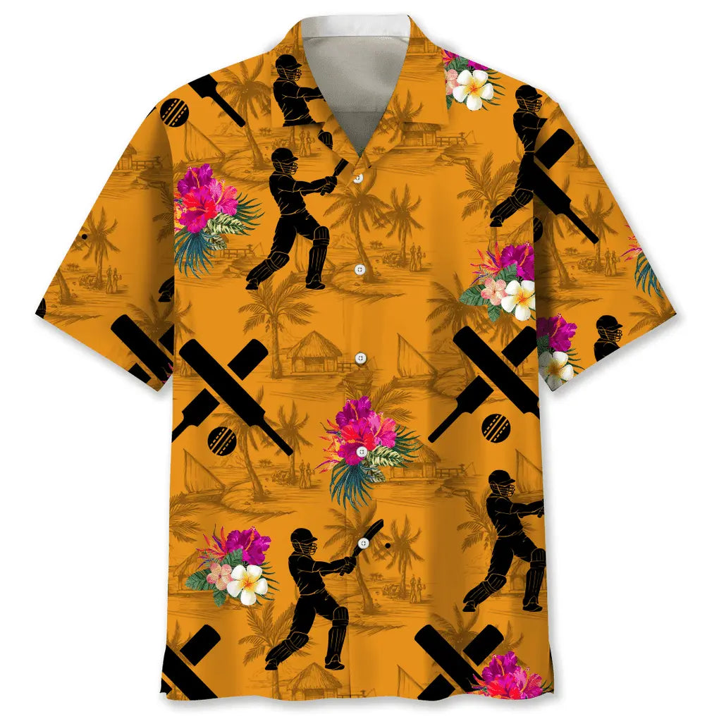 Tropical Cricket Orange Hawaiian Shirt For Outdoor Adventures, Coastal Travel, And Comfortable Casual Style