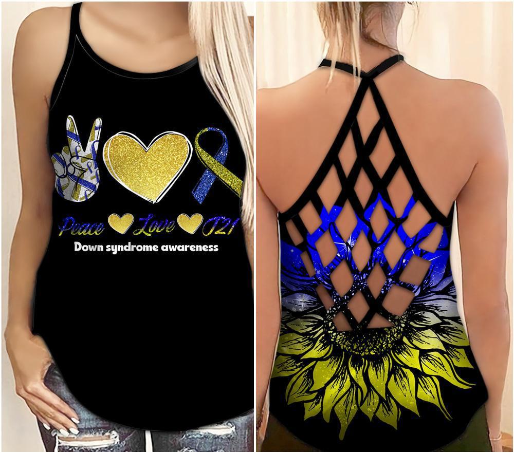 Down Syndrome Awareness Peace Love T21 Hollow Tank Top For Community Events And Positive Support