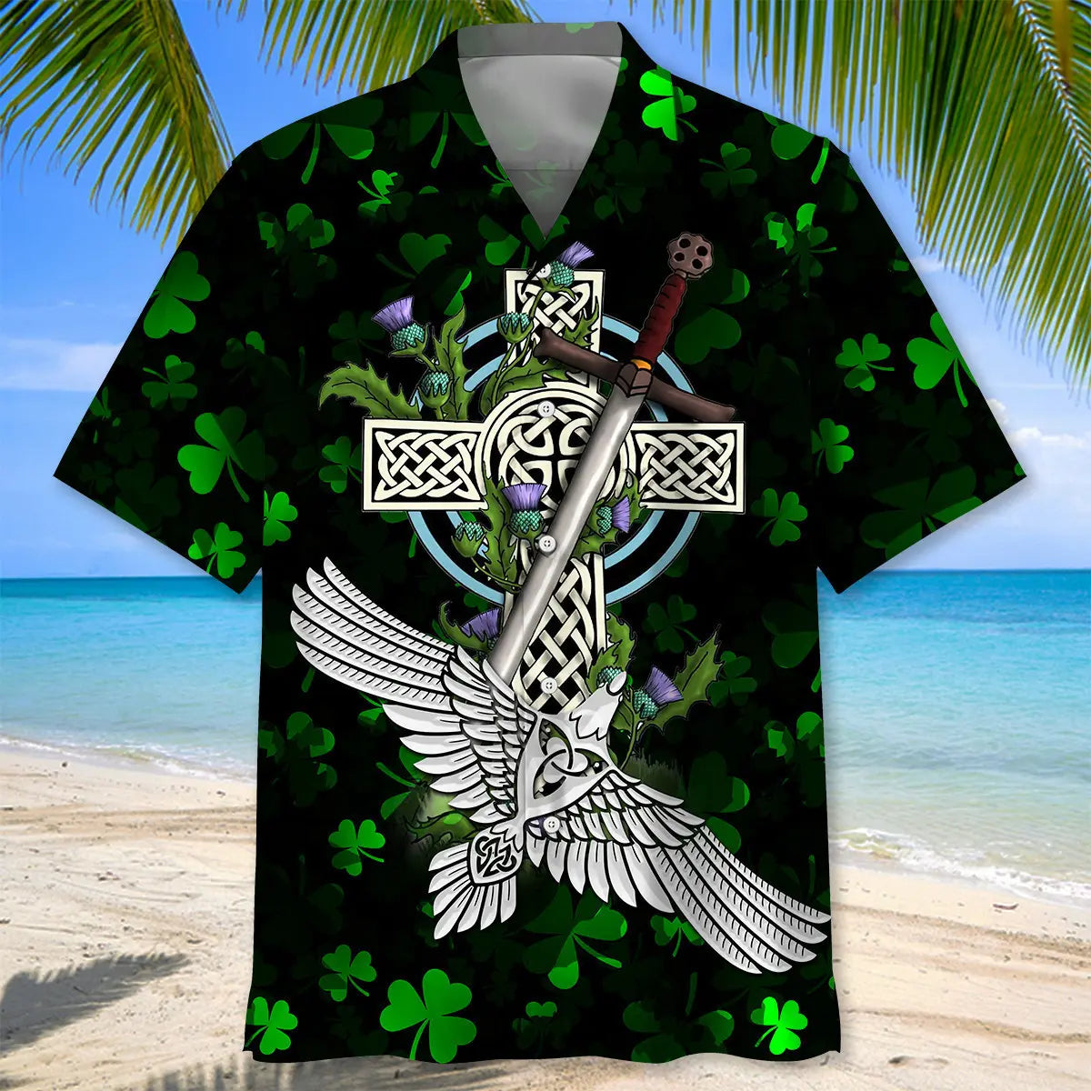 Cross Irish Saint Patrick's Day Hawaiian Shirt For Tropical Holidays, Outdoor Gatherings, And Everyday Comfort