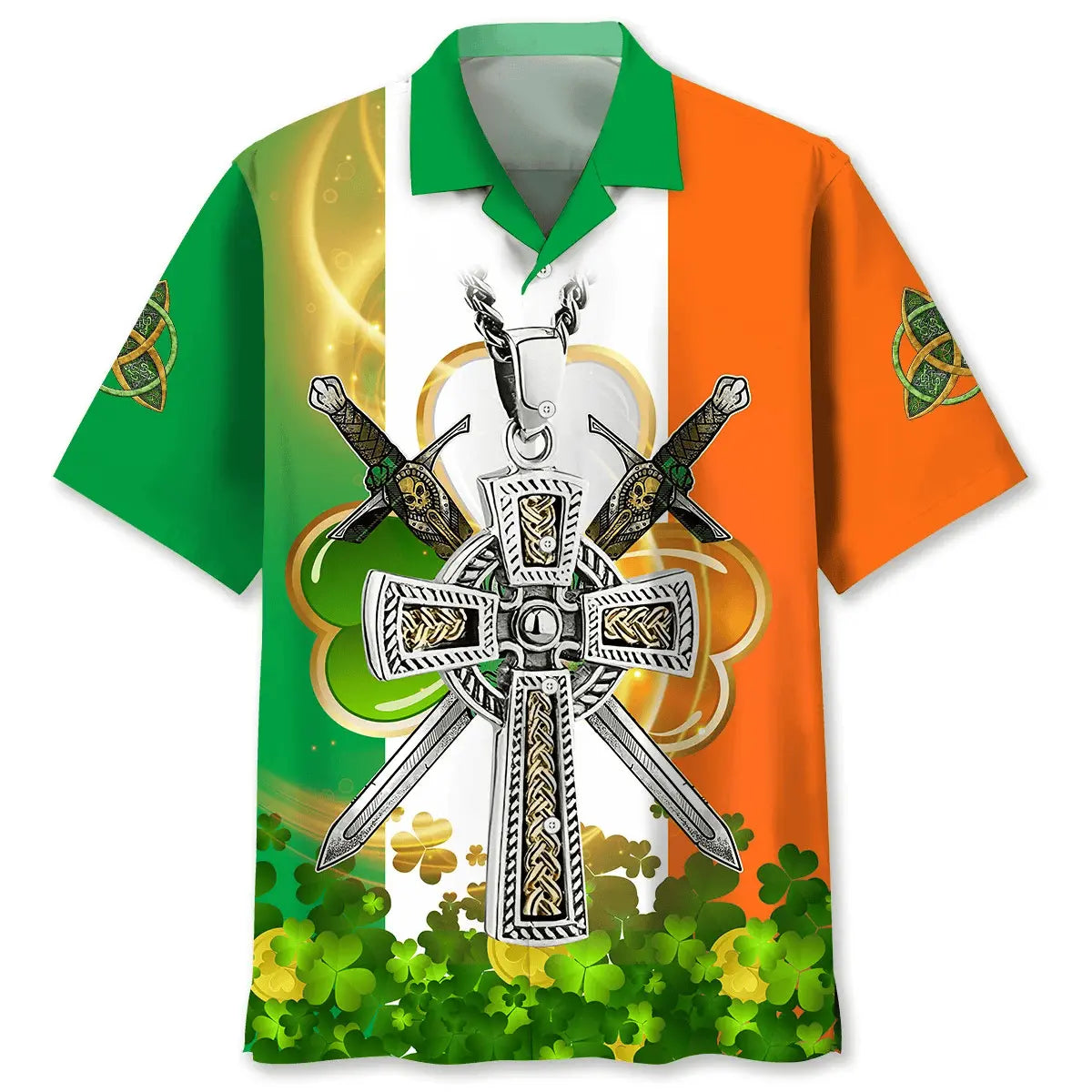 Cross Saint Patrick's Day Hawaiian Shirt For Winter Celebrations, Beach Travel, And Relaxed Holiday Wear