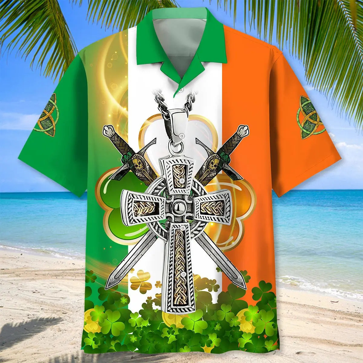 Cross Saint Patrick's Day Hawaiian Shirt For Winter Celebrations, Beach Travel, And Relaxed Holiday Wear
