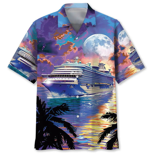Creative Cruise Ship Sun Set Hawaiian Shirt For Tropical Holidays, Resort Trips, And Relaxed Coastal Style