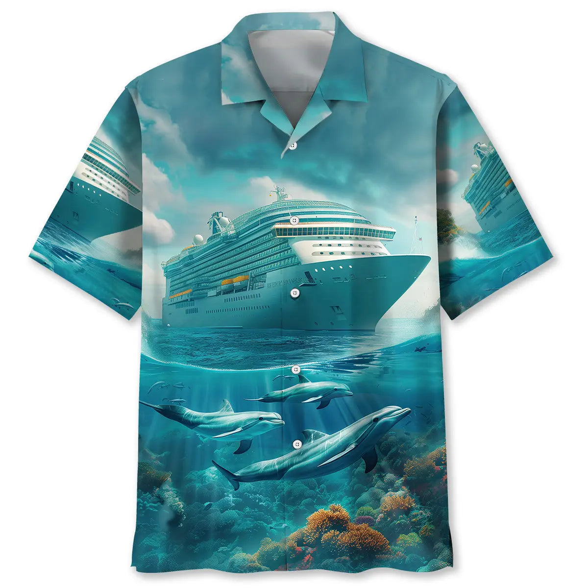 Creative Cruise Ship Dolphins Hawaiian Shirt For Summer Vacation, Beach Travel, And Casual Wear