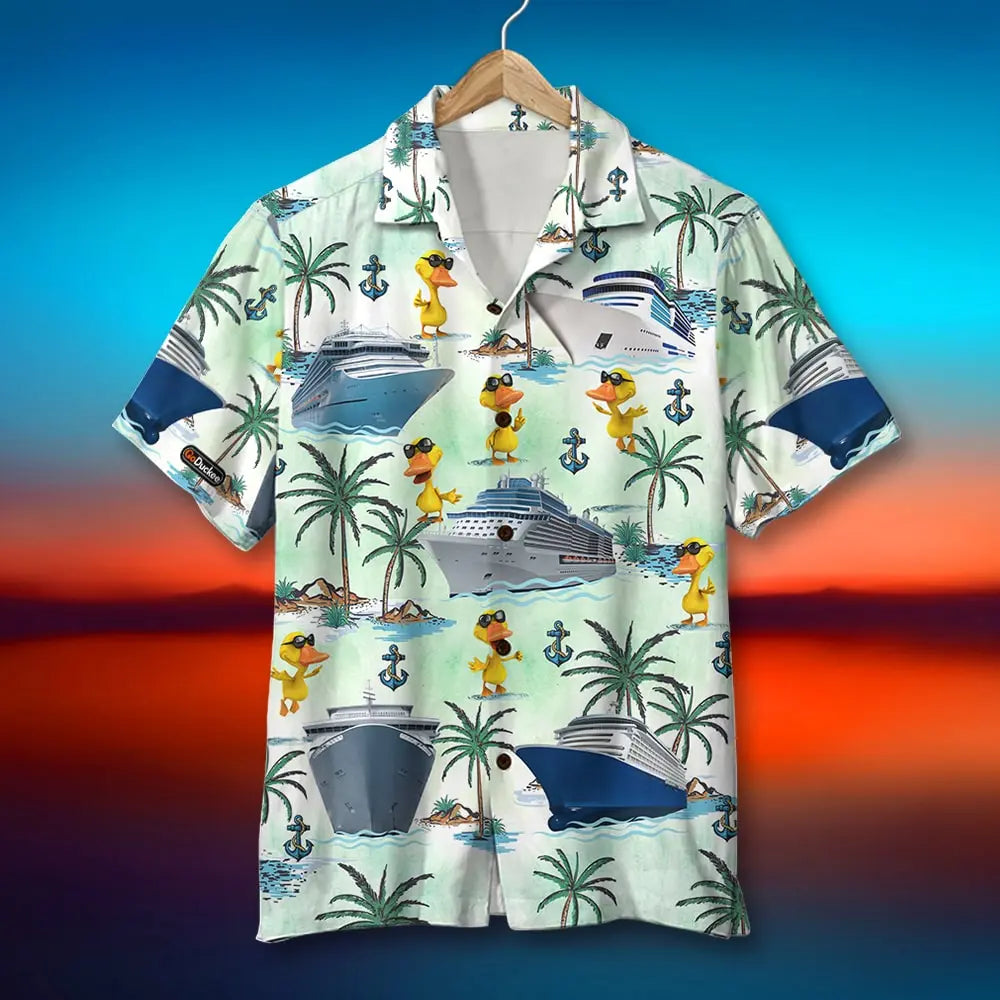 Island Summer Cruising Duck Palm Tree Pattern Aloha Hawaiian Shirt For Summer Vacation, Beach Travel, And Casual Wear