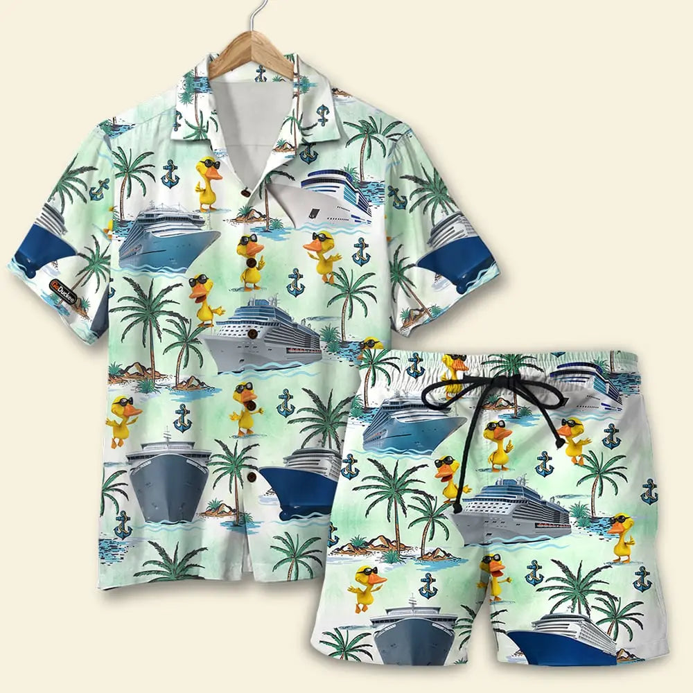 Island Summer Cruising Duck Palm Tree Pattern Aloha Hawaiian Shirt For Summer Vacation, Beach Travel, And Casual Wear