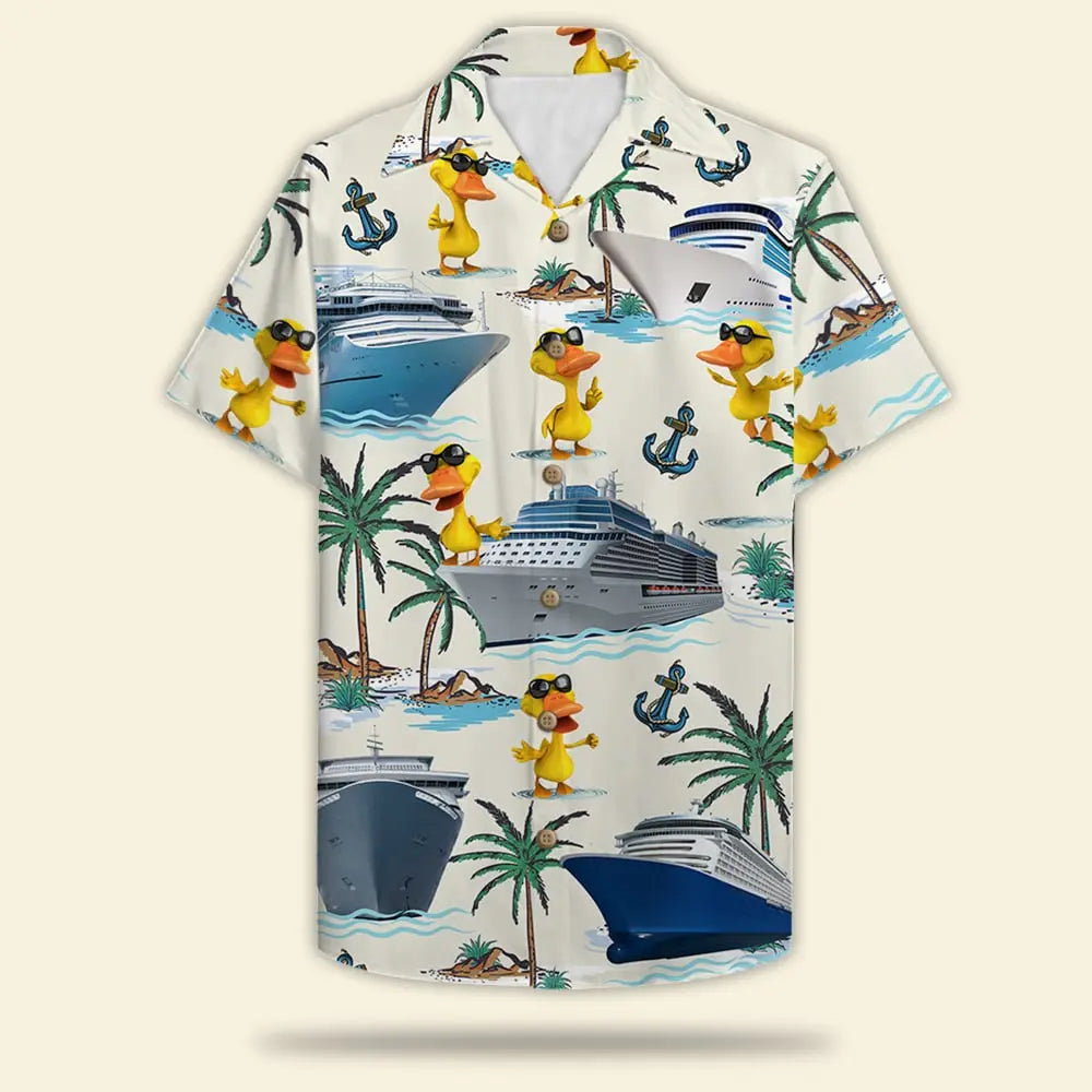 Island Summer Cruising Duck Aloha Cruise Trips Pattern Hawaiian Shirt For Summer Vacation, Beach Travel, And Casual Wear