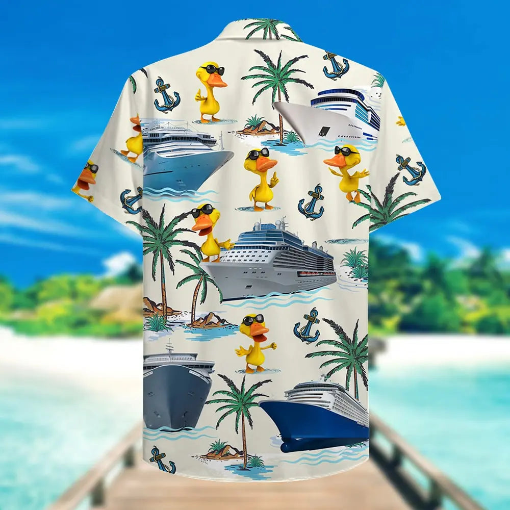Island Summer Cruising Duck Aloha Cruise Trips Pattern Hawaiian Shirt For Summer Vacation, Beach Travel, And Casual Wear