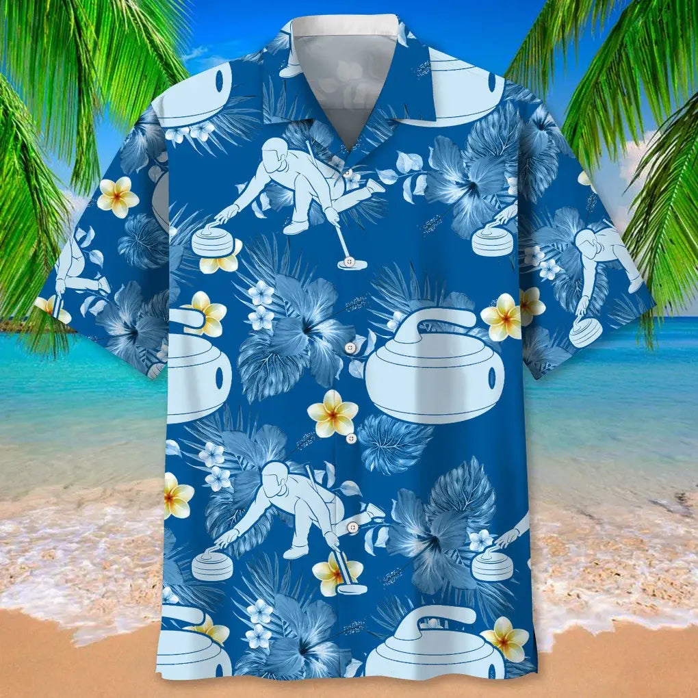 Curling Blue Nature Hawaiian Shirt For Island Vacations, Resort Wear, And Relaxed Seasonal Style
