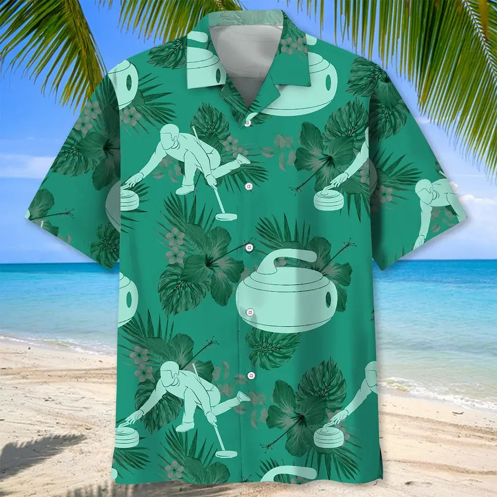 Curling Kelly Green Hawaiian Shirt For Summer Vacation, Beach Travel, And Casual Wear