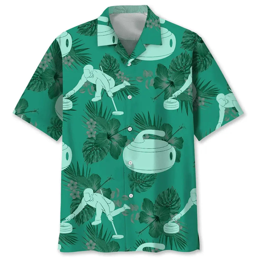 Curling Kelly Green Hawaiian Shirt For Summer Vacation, Beach Travel, And Casual Wear