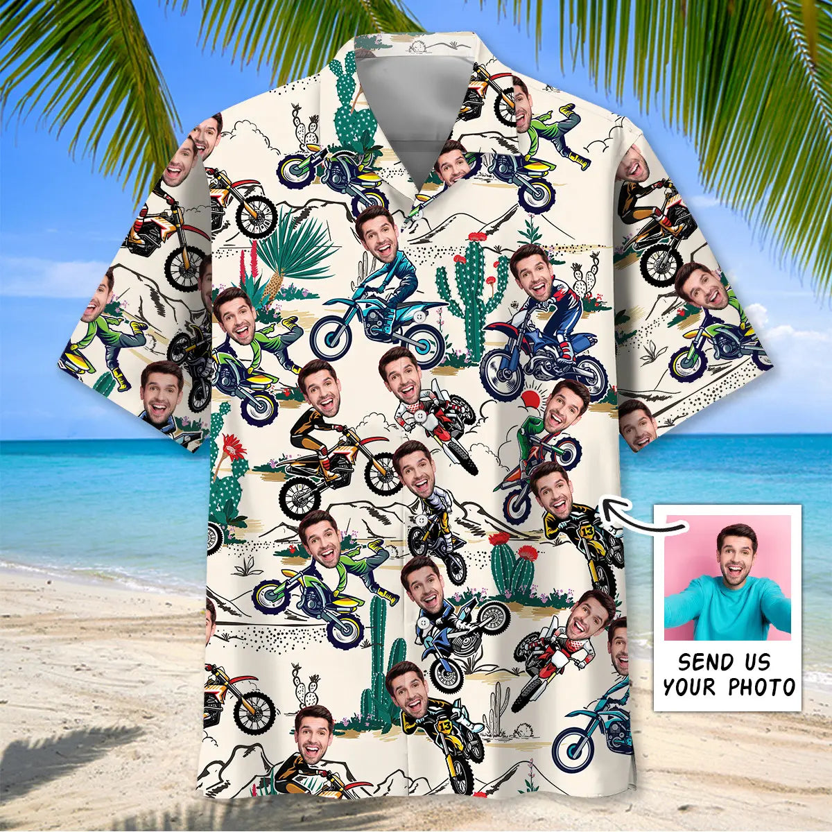 Personalized Photo Face Dirt Bike Desert Hawaiian Shirt For Coastal Travel, Casual Events, And Comfortable Summer Wear
