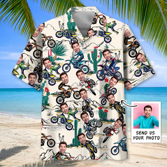 Personalized Photo Face Dirt Bike Desert Hawaiian Shirt For Coastal Travel, Casual Events, And Comfortable Summer Wear