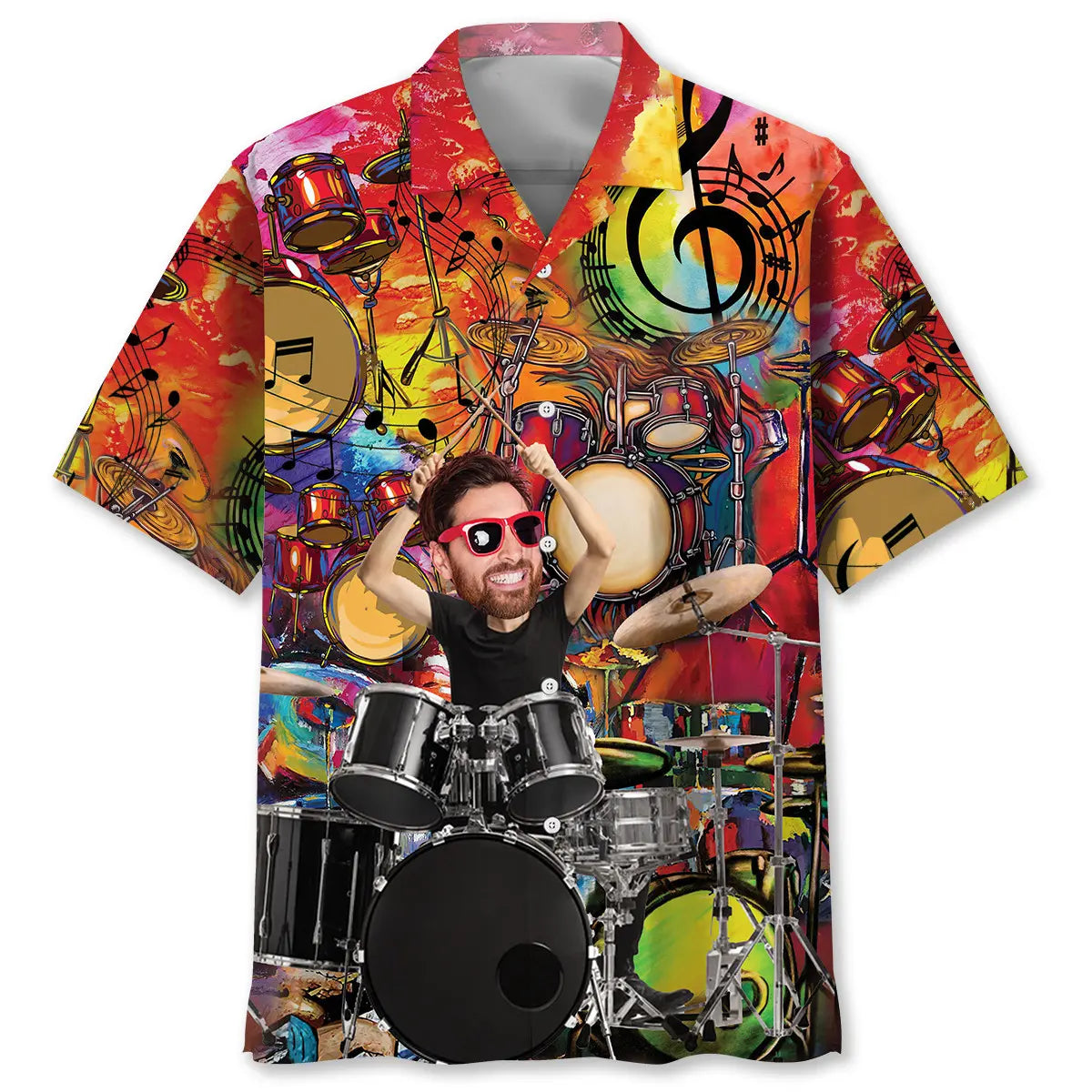 Vintage Personalized Photo Face Drum Hawaiian Shirt For Festival Travel, Beach Gatherings, And Relaxed Summer Style