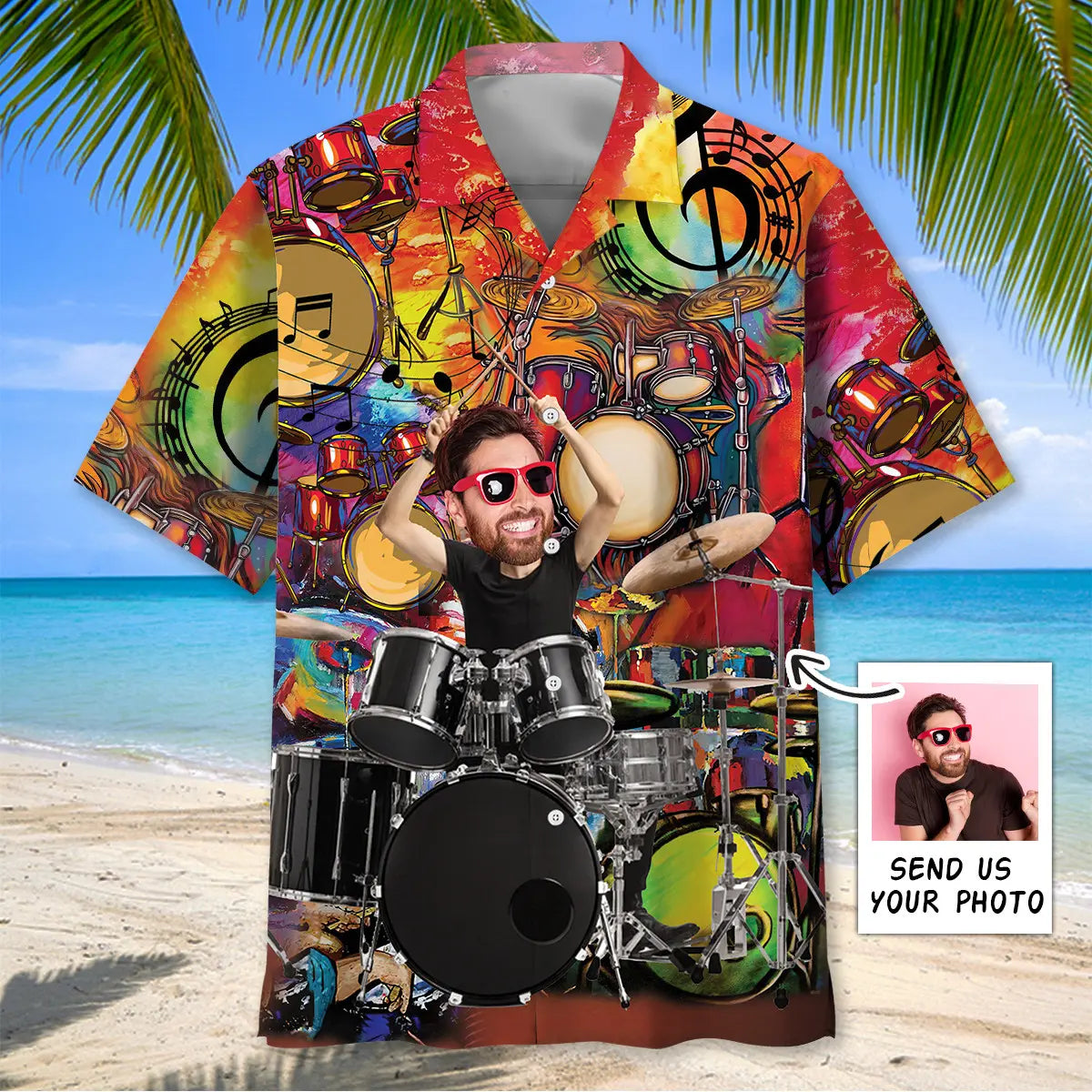 Vintage Personalized Photo Face Drum Hawaiian Shirt For Festival Travel, Beach Gatherings, And Relaxed Summer Style