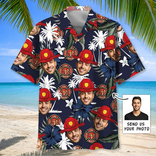 Personalized Photo Firefighter Helmet Hawaiian Shirt For Beach Days, Summer Outings, And Thoughtful Gift Giving