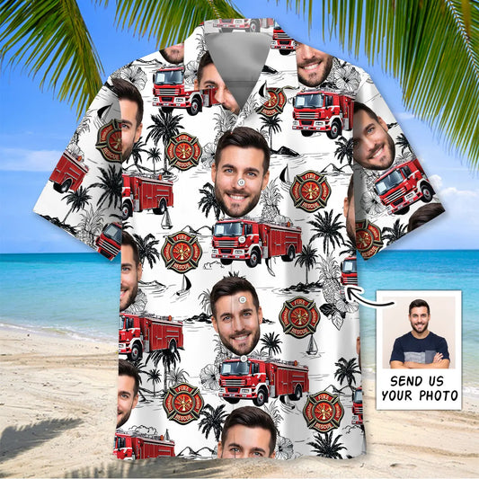 Personalized Photo Firefighter Truck Hawaiian Shirt For Coastal Travel, Casual Events, And Comfortable Summer Wear