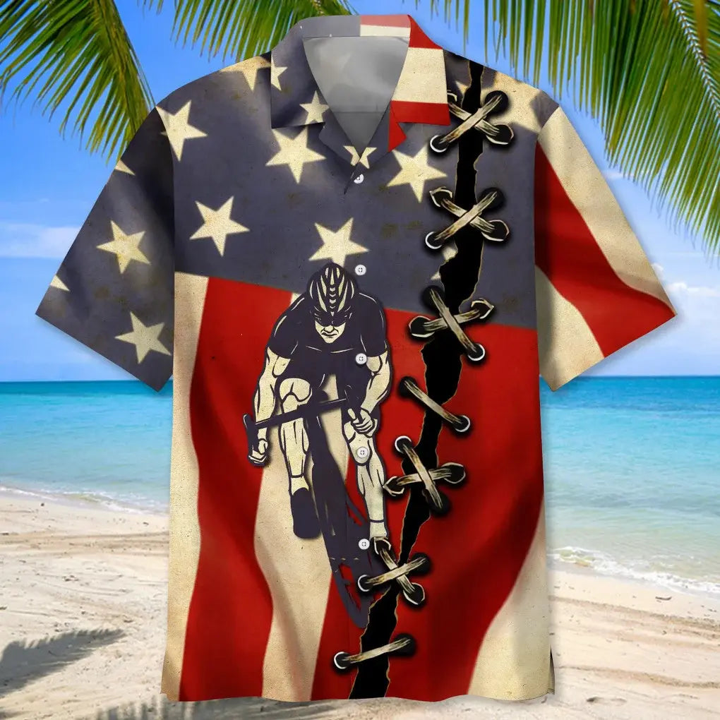American Cycling Flag Hawaiian Shirt For Summer Celebrations, Resort Days, And Relaxed Everyday Wear