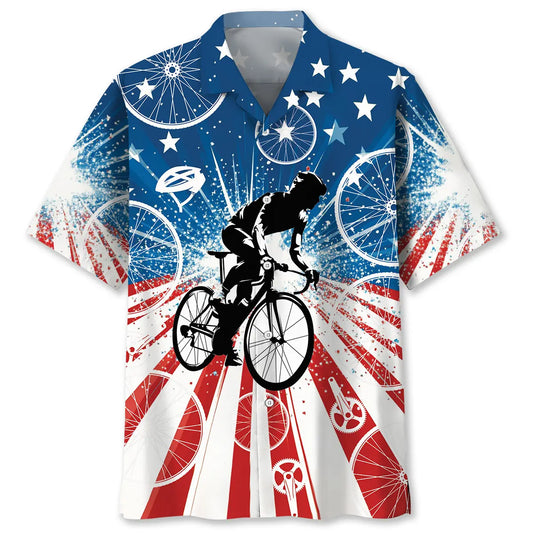 American Cycling Hawaiian Shirt For Patriotic Events, Summer Travel, And Casual Outdoor Wear