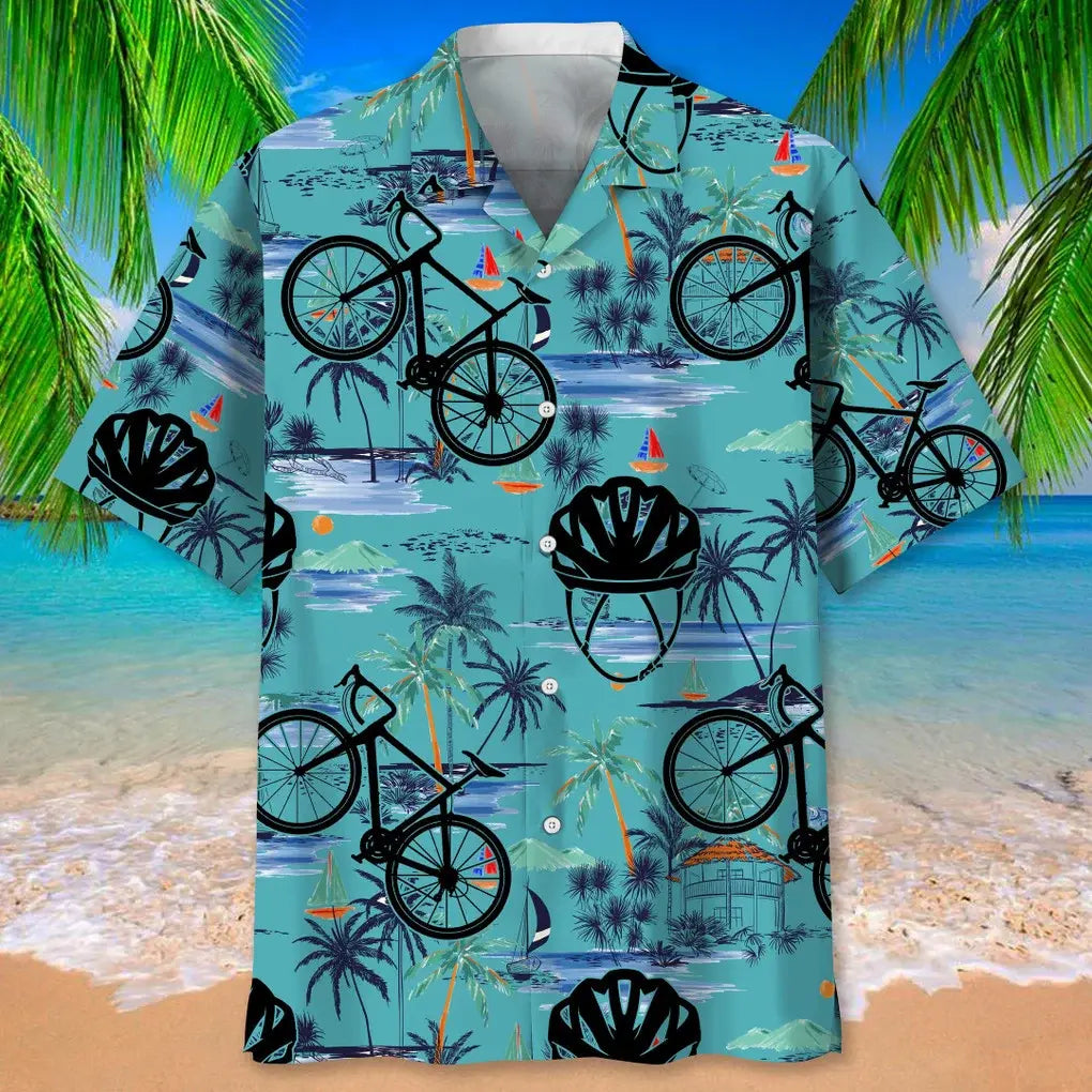 Cycling Blue Beach Hawaiian Shirt For Summer Vacation, Beach Travel, And Casual Wear